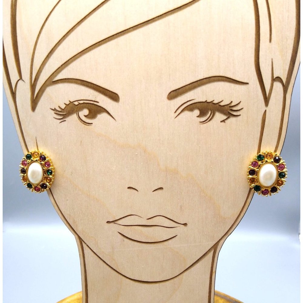 Vintage Pearl Clip On Earrings, Avon Gold Tone with Multicolor Crystal Halo